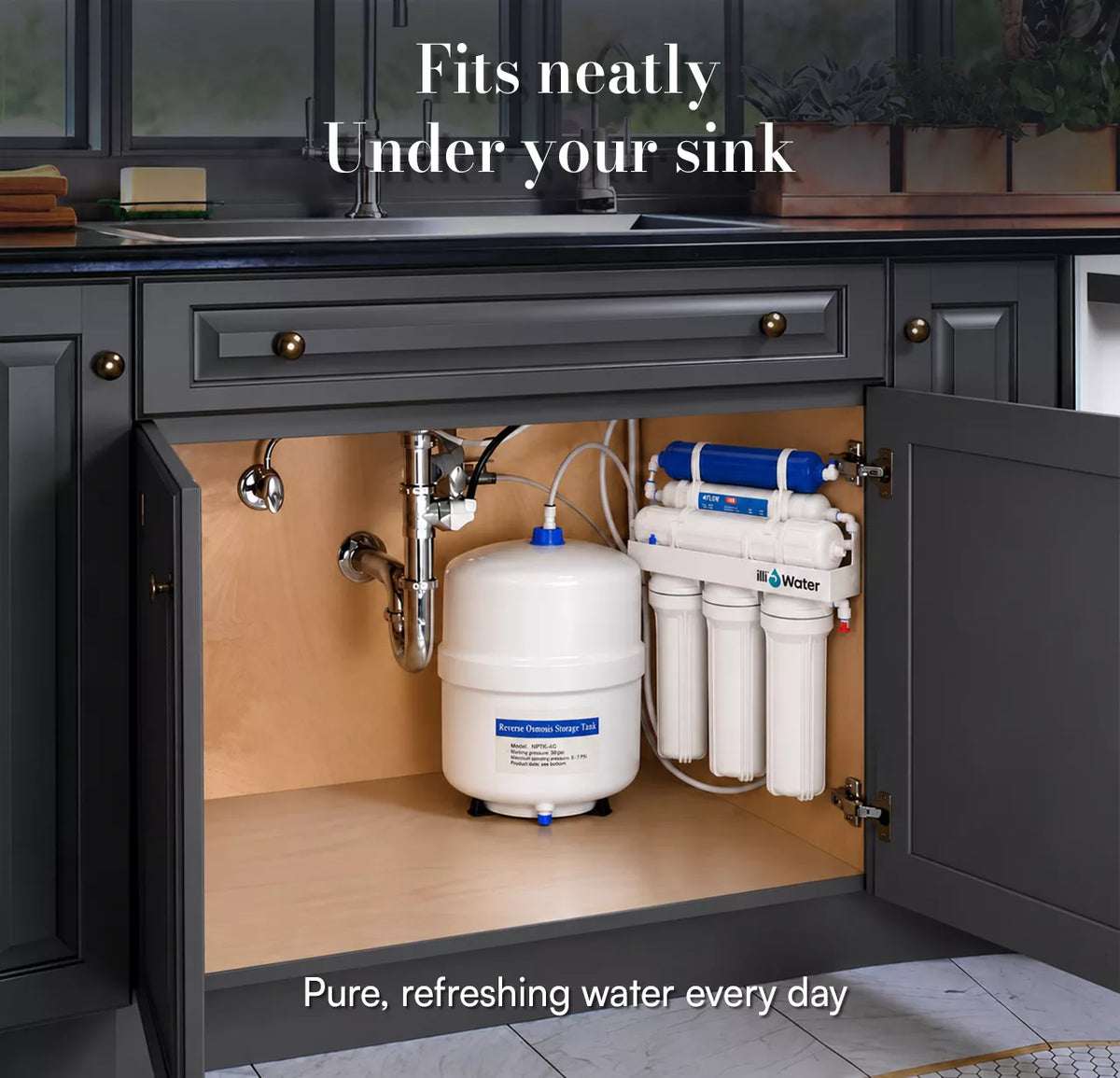 illi Water standard reverse osmosis system and tank installed under a kitchen sink