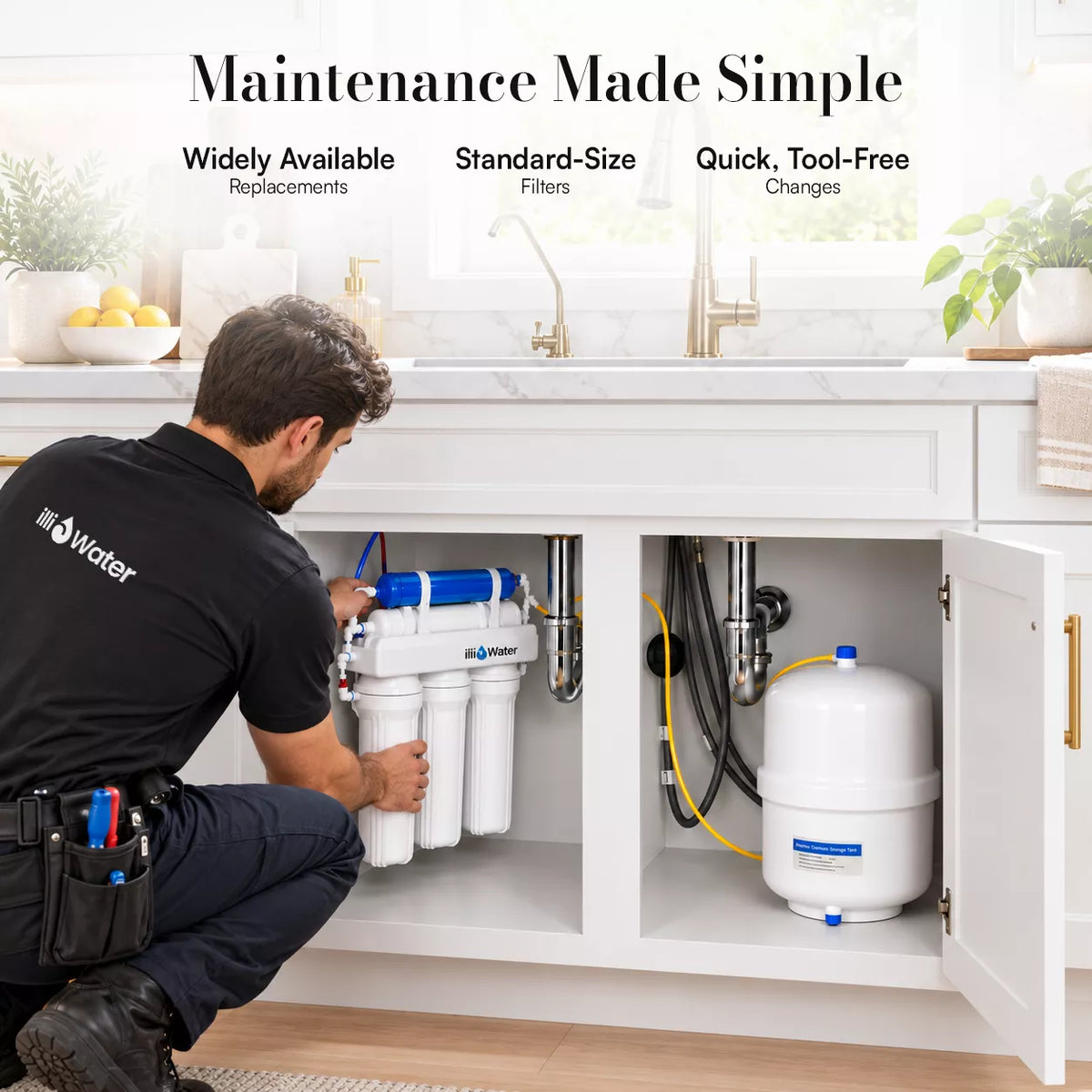 Technician replacing standard-size filter cartridges on the illi Water RO system under a sink