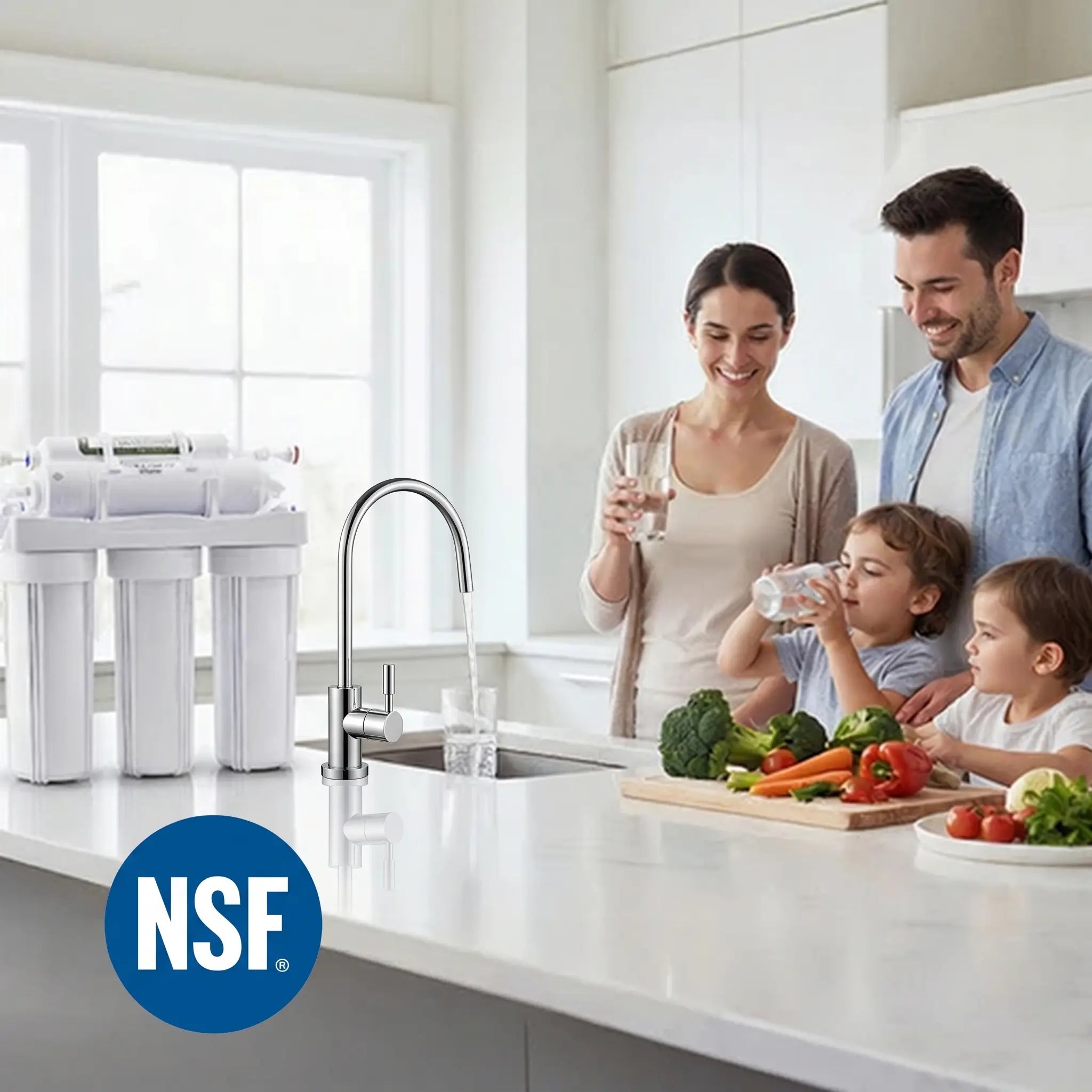 Happy family enjoying clean, safe drinking water from an Illi Water RO system

