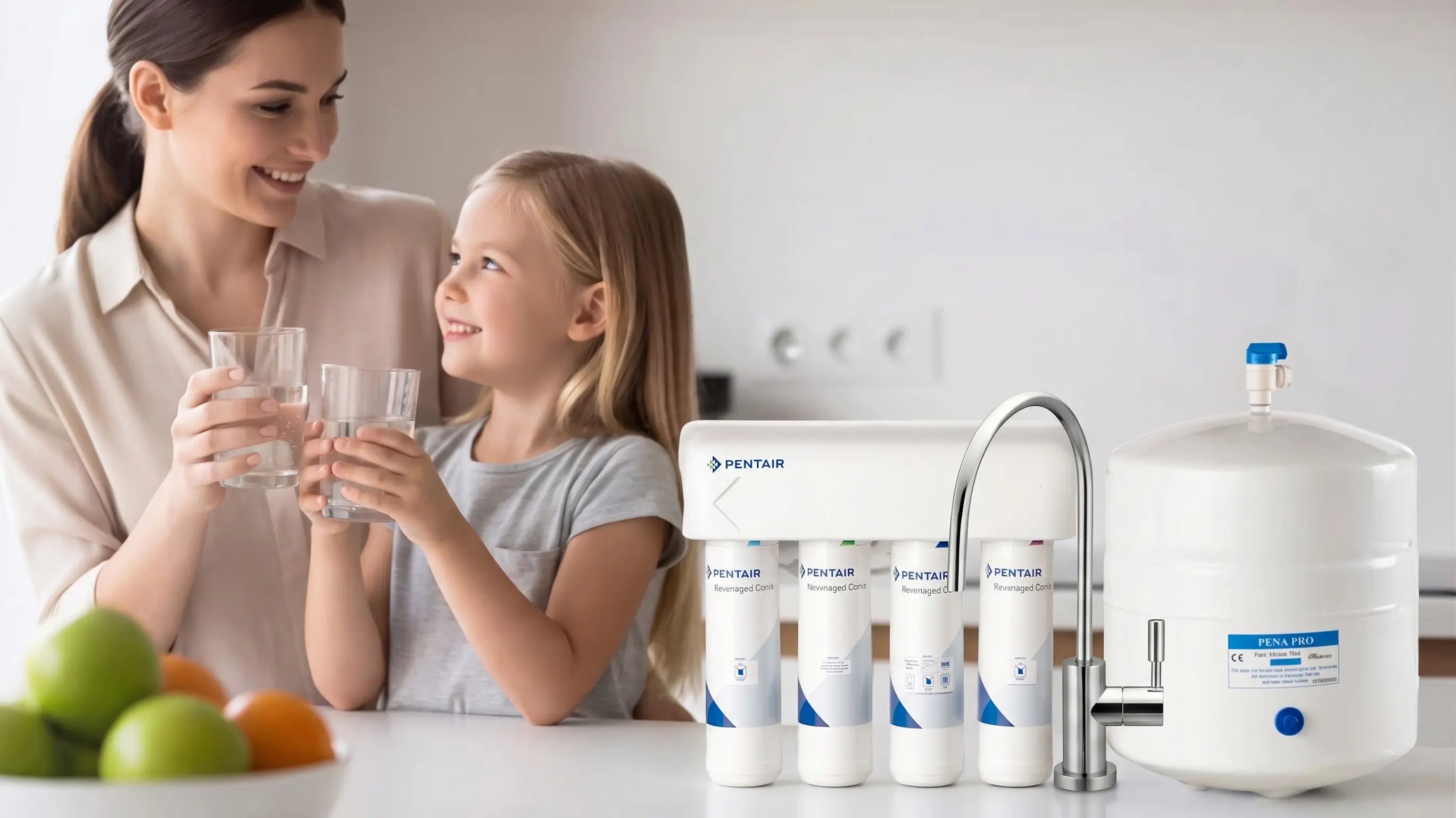 Reverse osmosis water filter with happy family after cleaning vegetables in kitchen