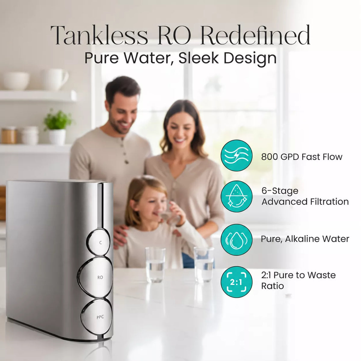 Family beside the illi Water tankless RO system: 800 GPD, 6-stage filtration, 2:1 pure-to-waste ratio
