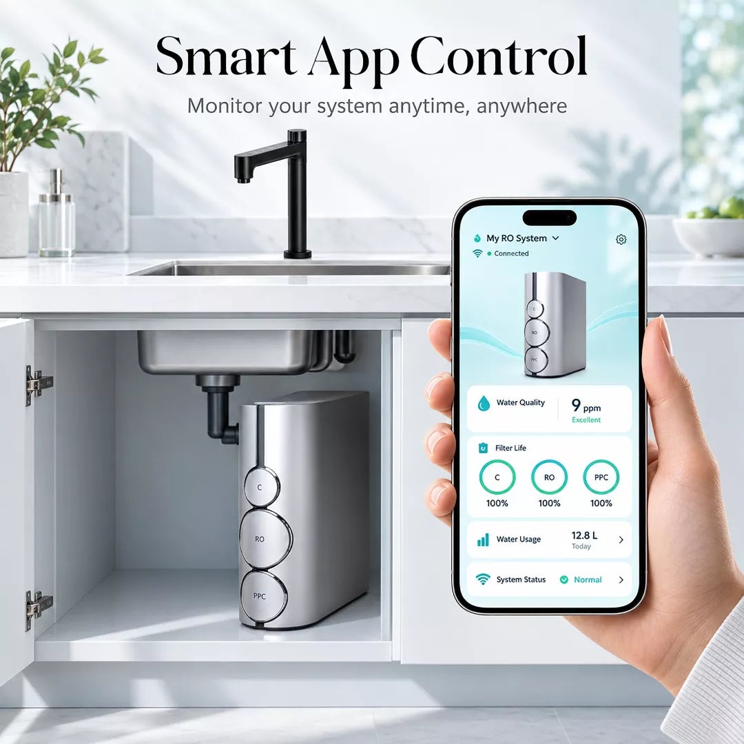 Smartphone app showing water quality and filter life for the illi Water tankless RO system